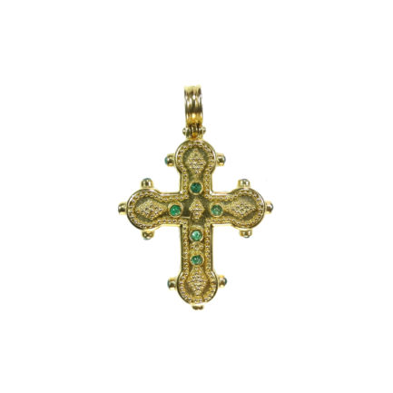 Byzantine Handmade Pendant Cross 22k Yellow Solid Gold Emeralds
