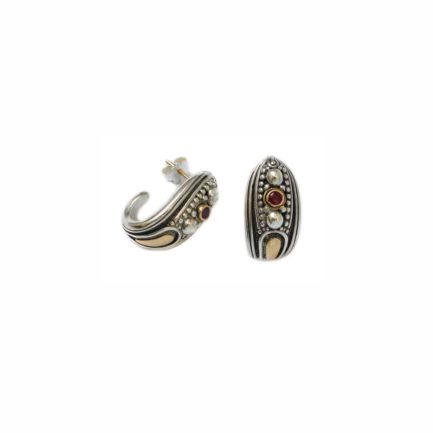Half Hoop Byzantine Earrings Ruby 18k Yellow Gold and Sterling Silver 925