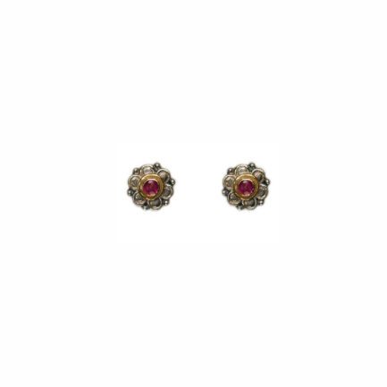 Byzantine Stud Earrings Ruby for Ladies 18k Yellow Gold and Silver 925