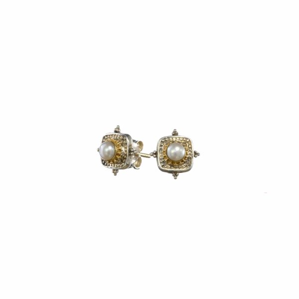Byzantine Stud Earrings Pearls for Ladies 18k Yellow Gold and Silver 925