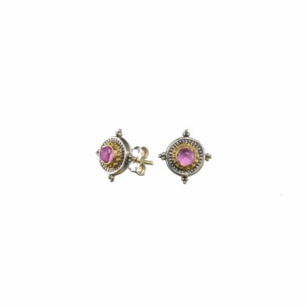 Byzantine Stud Round Earrings for Ladies 18k Yellow Gold and Silver 925