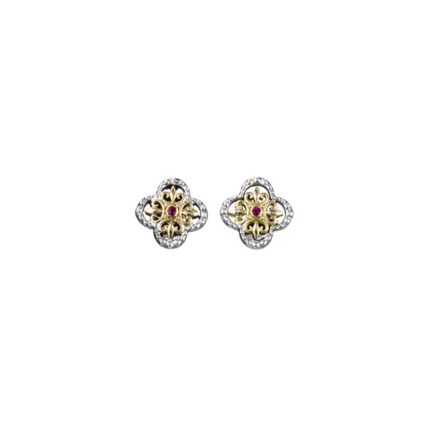 Cross Flower Stud Earrings Ruby for Ladies 18k Yellow Gold and Silver 925
