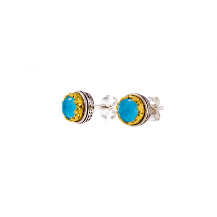 Crown Stud Earrings Small Turquoise Silver 925 with Gold Plated parts for Ladies