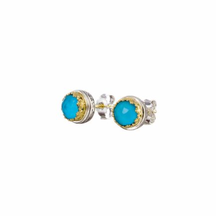 Crown Stud Earrings Small Turquoise 18k Yellow Gold and Silver 925 for Ladies