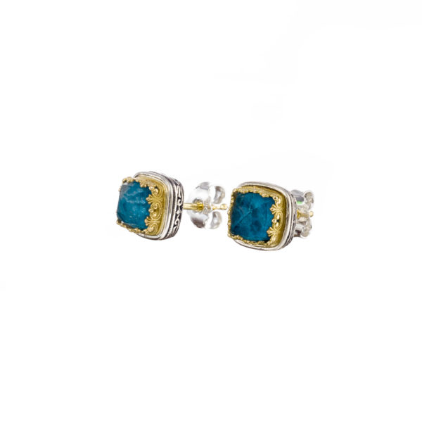 Square Stud Earrings Small Apatite 18k Yellow Gold and Silver 925 for Ladies
