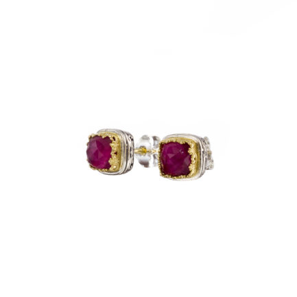 Square Stud Earrings Small Ruby 18k Yellow Gold and Silver 925 for Ladies