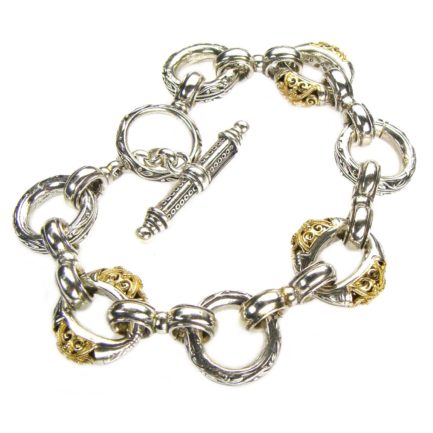 Byzantine Circles Link Handmade Bracelet 18k Yellow Gold and Sterling Silver 925