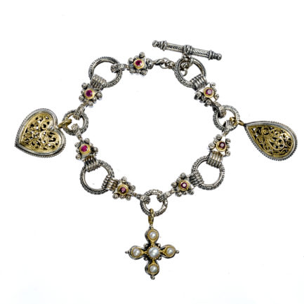 Byzantine Charm Bracelet for Women in 18k Yellow Gold, Sterling Silver 925, Pearl Cross, Code 6150