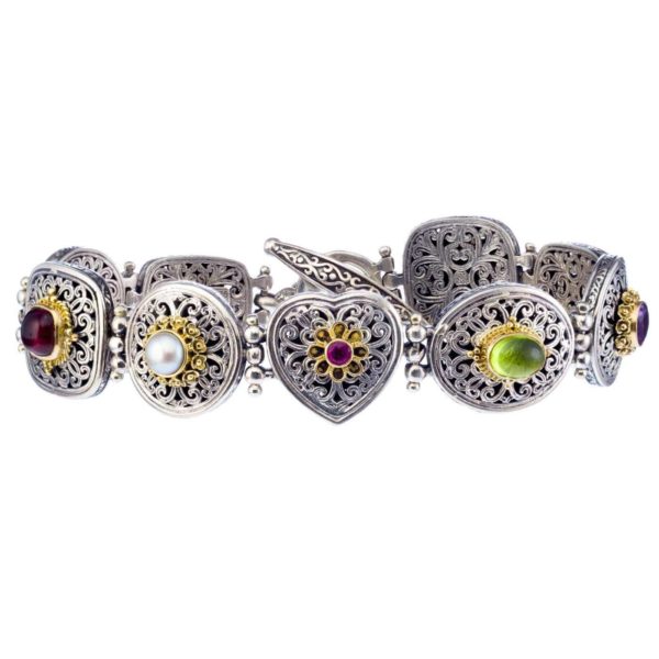 Filigree Link Multi Stones Bracelet 18k Yellow Gold and Sterling Silver 925