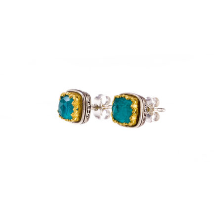 Square Stud Earrings Small Apatite Silver 925 with Gold Plated parts for Ladies