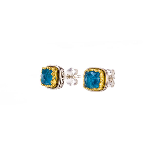 Square Stud Earrings Small Apatite Silver 925 with Gold Plated parts for Ladies