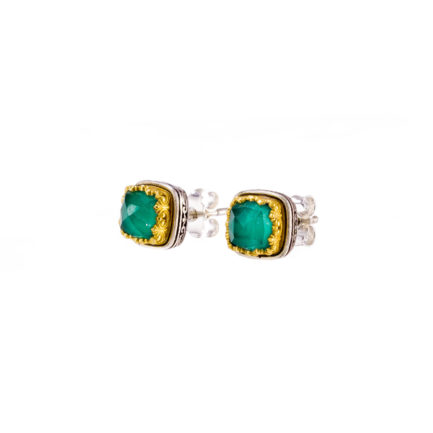 Square Stud Earrings Small Malachite Silver 925 with Gold Plated parts for Ladies
