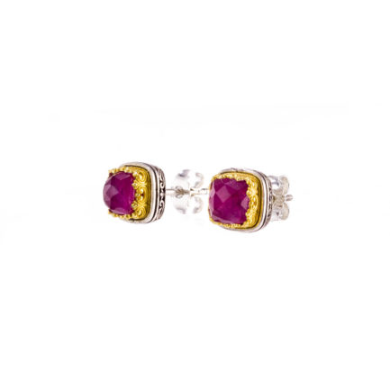 Square Stud Earrings Small Ruby Silver 925 with Gold Plated parts for Ladies