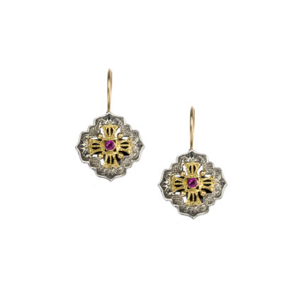 Byzantine Handmade Earrings Rubies for Ladies Yellow Gold k18 and Silver 925