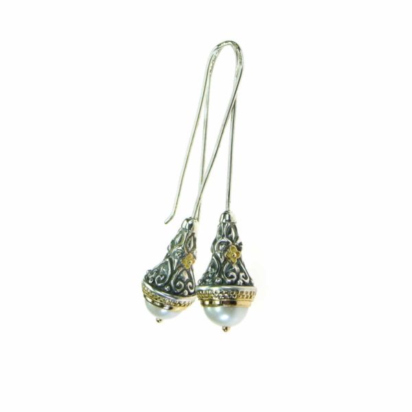 Long Drop Freshwater Pearl Women’s Byzantine Earrings 18k Gold and Silver 925