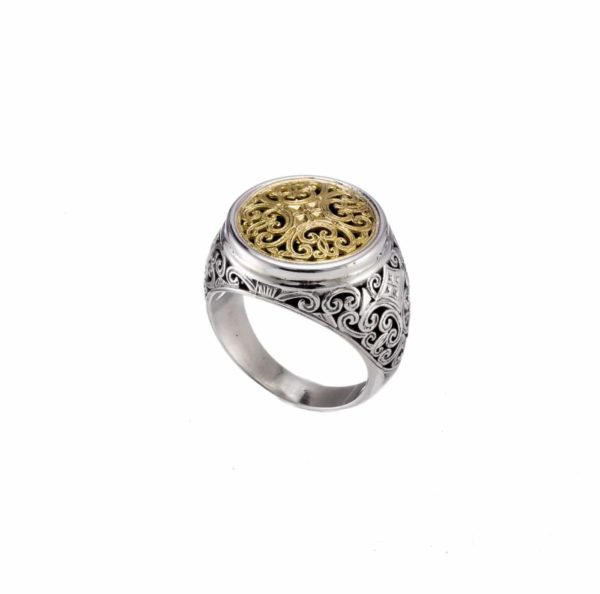 Filigree Byzantine Round Shape Cross Ring 18k Yellow Gold and Sterling Silver - Image 2