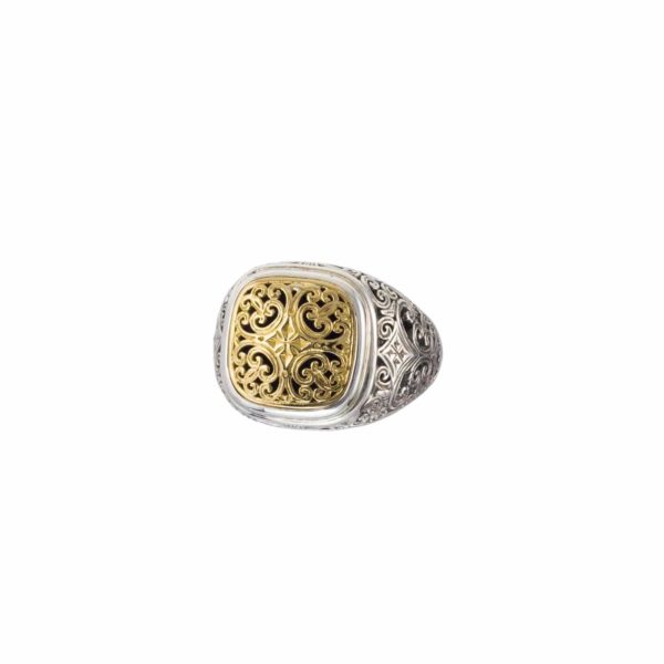 Filigree Square Shape Byzantine Cross Ring 18k Yellow Gold and Sterling Silver - Image 2