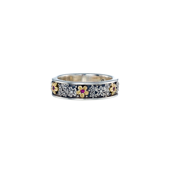 Flower Band Ring 6mm Ruby Yellow Gold k18 and Sterling Silver 925 - Image 2