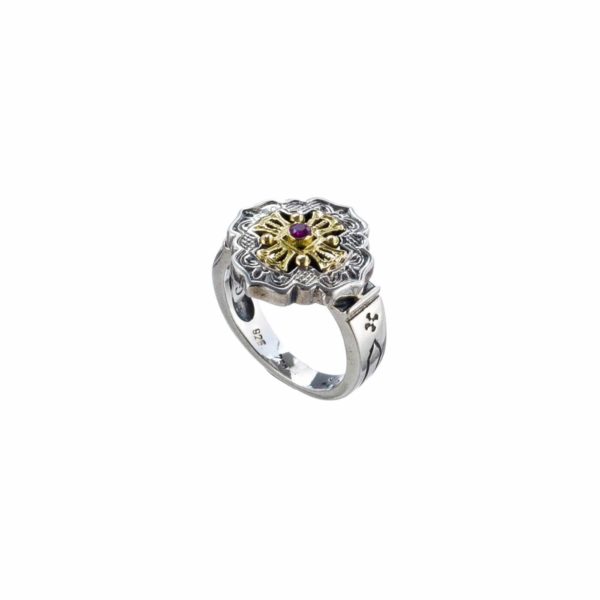 Byzantine Ring for Women’s Ruby 18k Yellow Gold and Sterling Silver 925 - Image 2