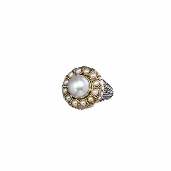 Pearls Byzantine Round Ring 18k Yellow Gold and Sterling Silver 925