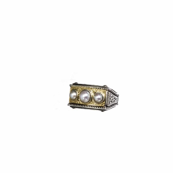Triple Pearls Byzantine Band Ring 18k Yellow Gold and Sterling Silver 925