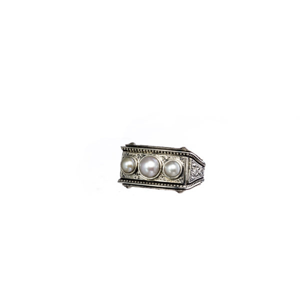Triple Pearls Byzantine Band Ring in Sterling Silver 925