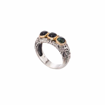Triple Stones Band Ring 18k Yellow Gold and Sterling Silver 925