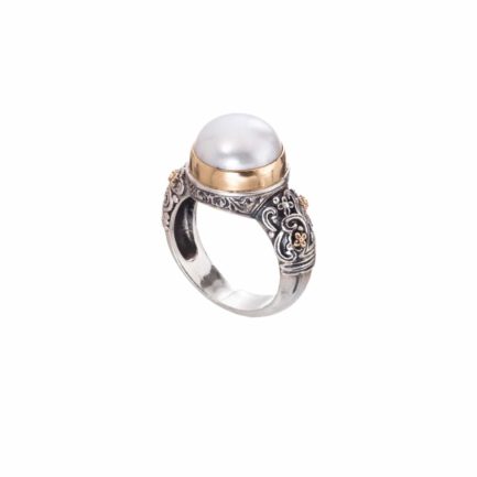 Solitaire Pearl Byzantine Ring 18k Yellow Gold and Sterling Silver 925