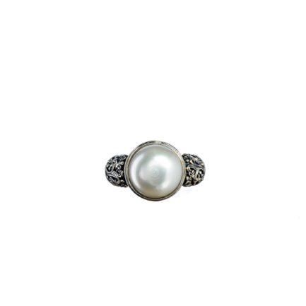 Solitaire Pearl Byzantine Ring in Sterling Silver 925