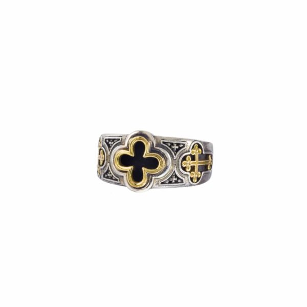 Triple Cross Men’s Band Byzantine Ring 18k Yellow Gold and Sterling Silver 925 - Image 2