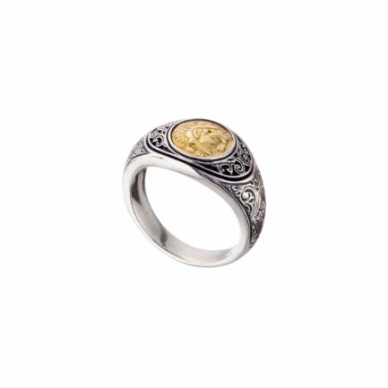 Antique Coin Symbol Alexander the Great Ring 18k Yellow Gold and silver 925