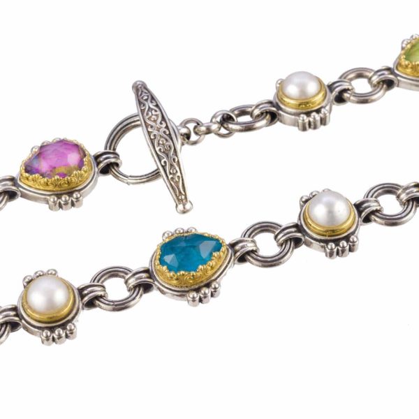 Silver with Gold plated Parts Multi-Colored Stone Link Necklace for Ladies - Image 2