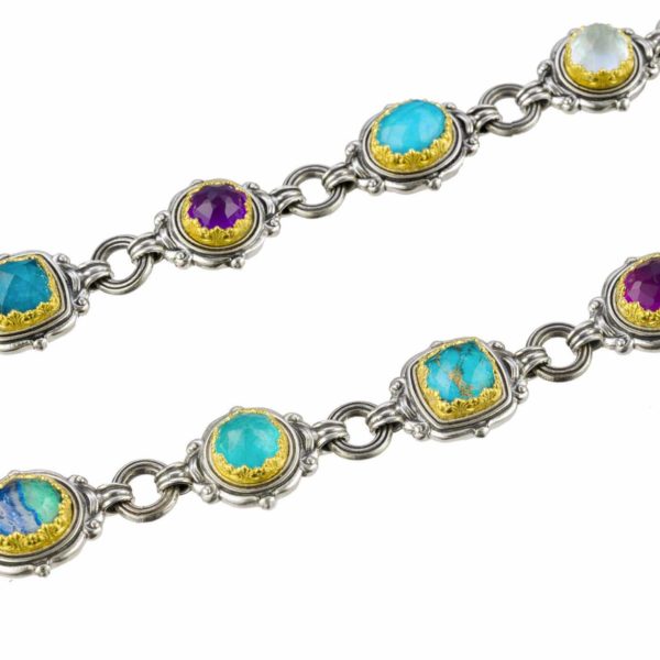 Silver with Gold plated Parts Multi-Colored Stone Link Necklace for Ladies - Image 2