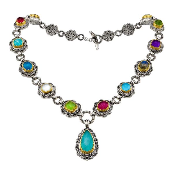 Silver with Gold plated Parts Multi-Colored Stone Link Necklace for Ladies - Image 4