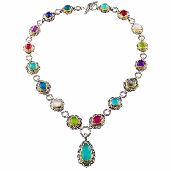 Silver with Gold plated Parts Multi-Colored Stone Link Necklace for Ladies - Image 2