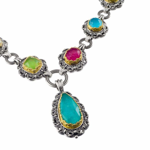 Silver with Gold plated Parts Multi-Colored Stone Link Necklace for Ladies - Image 3