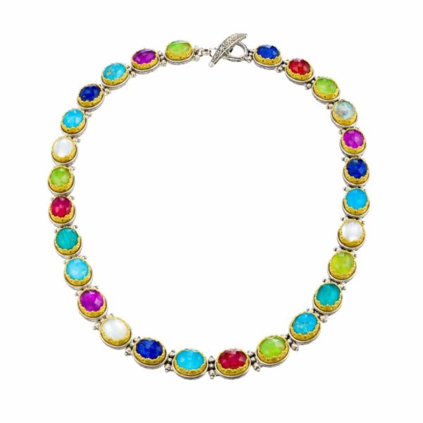 Silver with Gold plated Parts Multi-Colored Stone Oval Link Necklace for Ladies