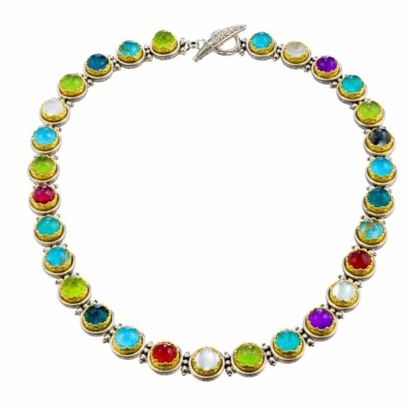 Silver with Gold plated Parts Multi-Colored Stone Link Necklace for Ladies