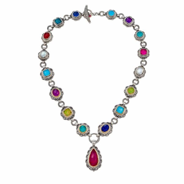 Multi-Colored Stone Link Necklace for Ladies 18k Yellow Gold and Silver 925 - Image 2