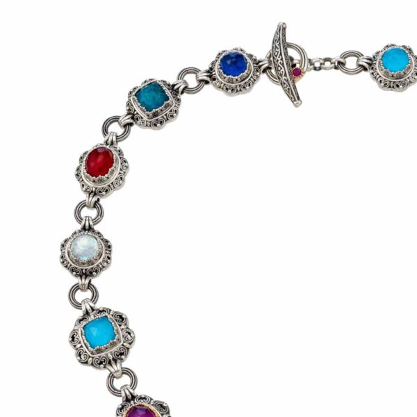 Multi-Colored Stone Link Necklace for Ladies 18k Yellow Gold and Silver 925 - Image 3