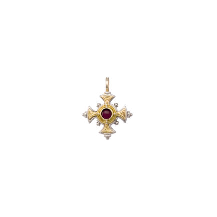 Byzantine Cross Pendant Garnet 18k Yellow Gold and Sterling Silver 925