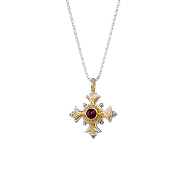 Byzantine Cross Pendant Garnet 18k Yellow Gold and Sterling Silver 925 - Image 2