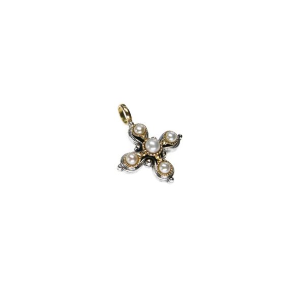 Byzantine Cross Pendant Pearls 18k Yellow Gold and Sterling Silver 925
