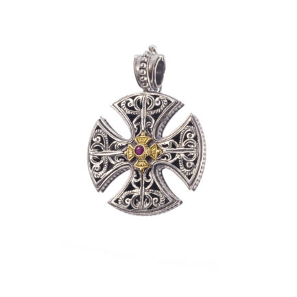 Maltese Men’s Cross Pendant Ruby 18k Yellow Gold and Sterling Silver 925