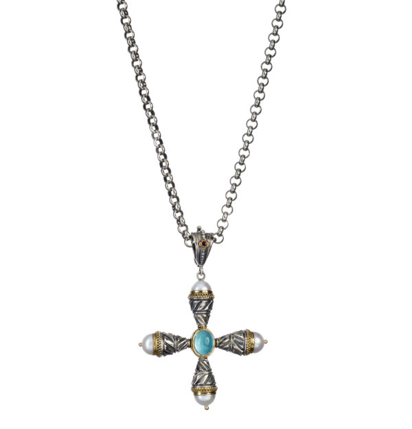 Freshwater Pearls Cross Pendant 18k Yellow Gold and Sterling Silver 925 - Image 2