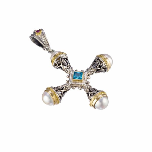 Freshwater Pearls Cross Pendant 18k Yellow Gold and Sterling Silver 925 - Image 2