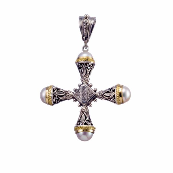 Freshwater Pearls Cross Pendant 18k Yellow Gold and Sterling Silver 925 - Image 3