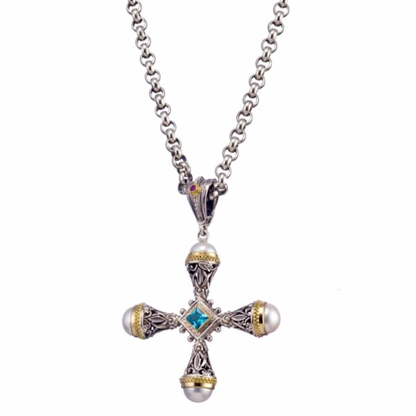 Freshwater Pearls Cross Pendant 18k Yellow Gold and Sterling Silver 925 - Image 4