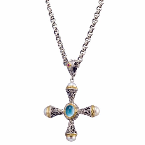 Freshwater Pearls Cross Pendant 18k Yellow Gold and Sterling Silver 925 - Image 2