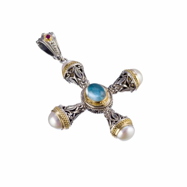 Freshwater Pearls Cross Pendant 18k Yellow Gold and Sterling Silver 925 - Image 3